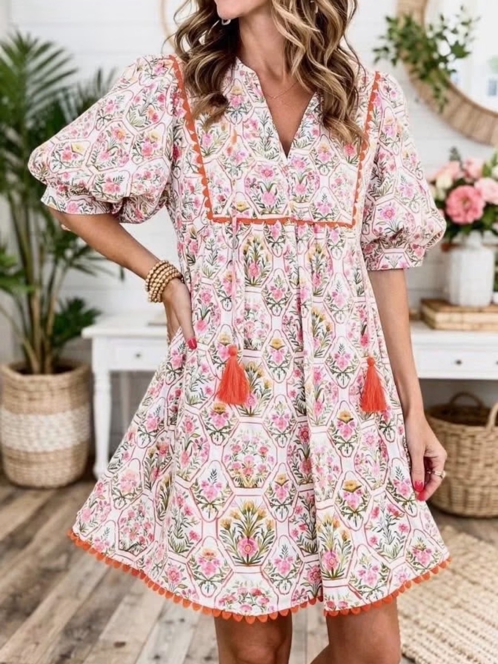 NWOT Women’s Floral Print Orange Trim Dress